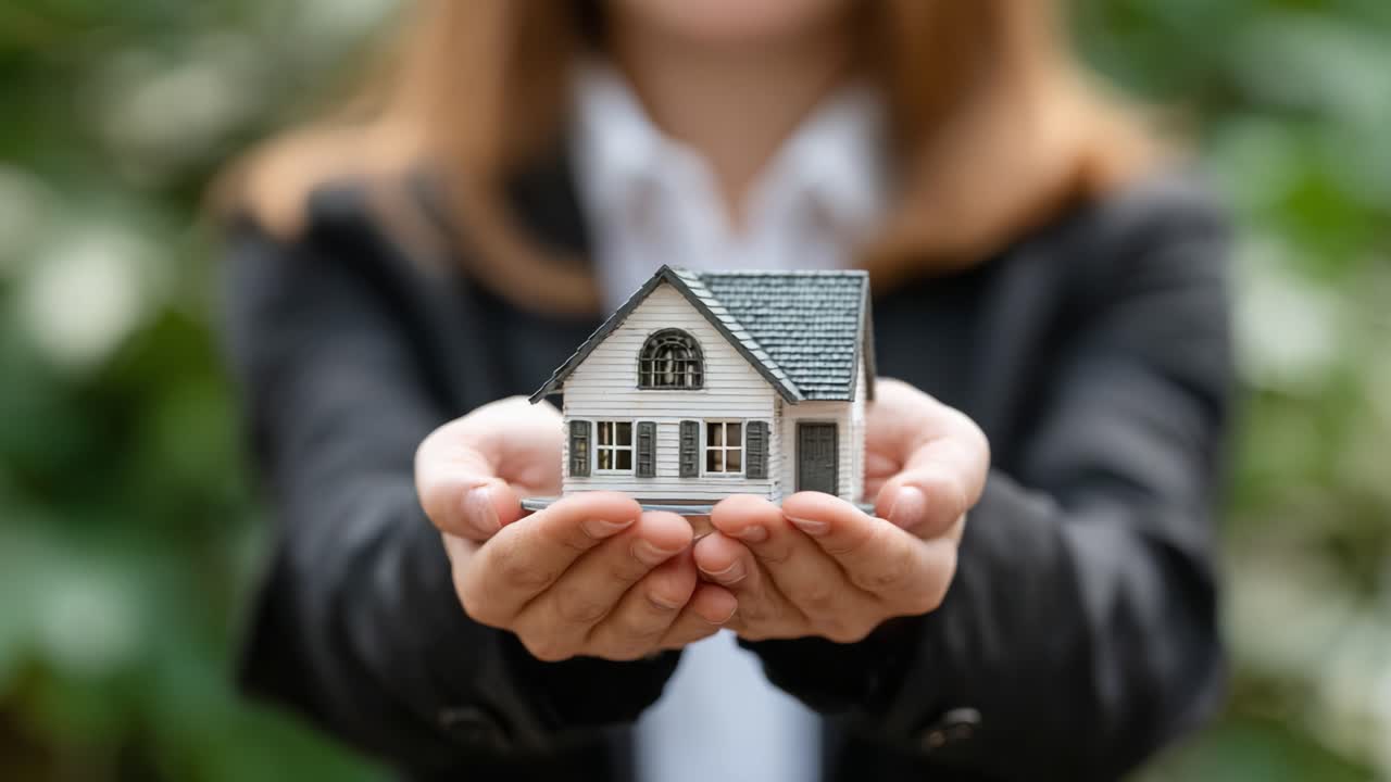 Un professionista presenta una casa modello: simbolo degli sforzi immobiliari e della crescita degli investimenti immobiliari in un ambiente naturale sereno