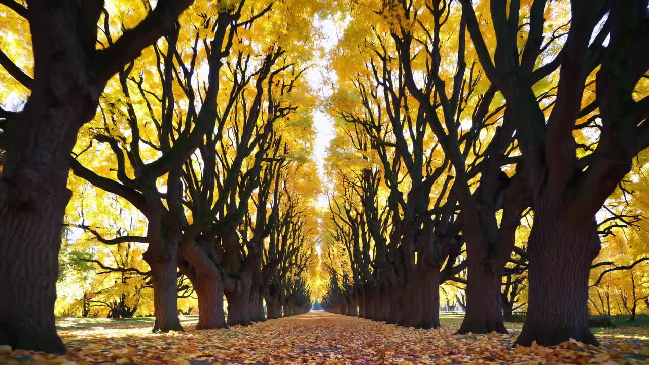 Vibrant autumn trees line a path, captured from a low-angle perspective, creating a tunnel effect