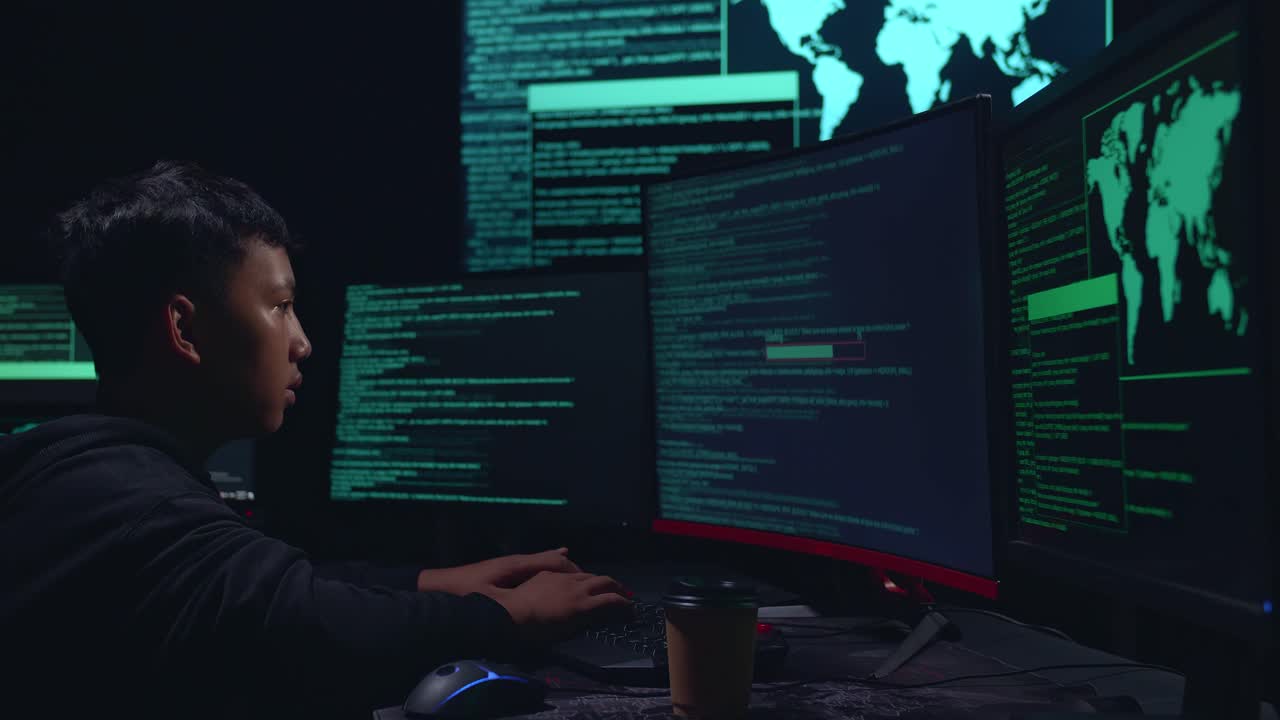 Asian Boy Hacker Using Multiple Computer Hacking And Success Downloading Data