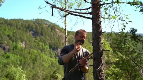 Hombre-Usando-Hacha-Para-Recolectar-Ramas-Secas-De-Pino-Para-Leña---Clip-Estático-En-La-Naturaleza-Con-Un-Exuberante-Paisaje-Verde-Durante-El-Día-Soleado-De-Verano