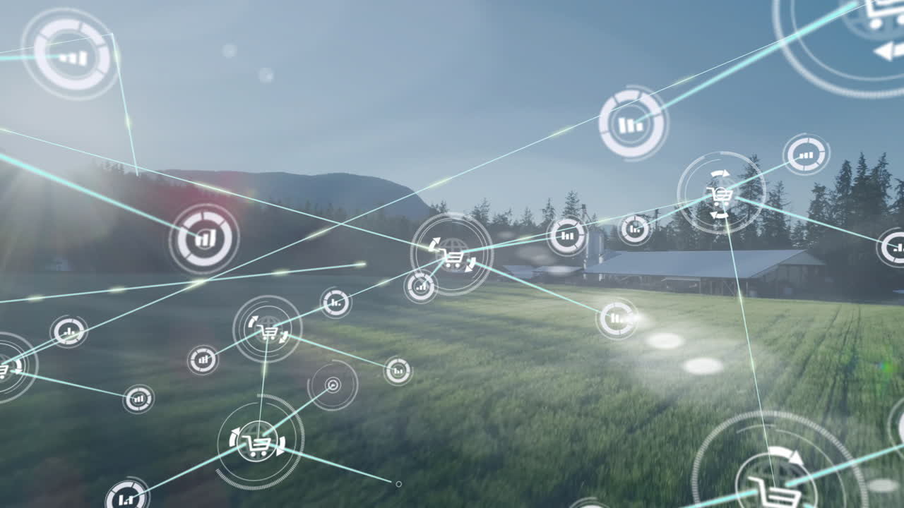 Animation of digital network icons overlaying green field with trees and mountains