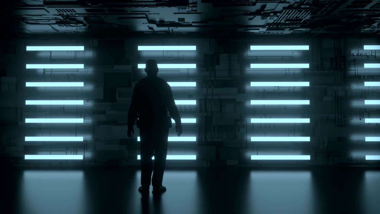 animación en 4k de un hombre de pie frente a una pared futurista.