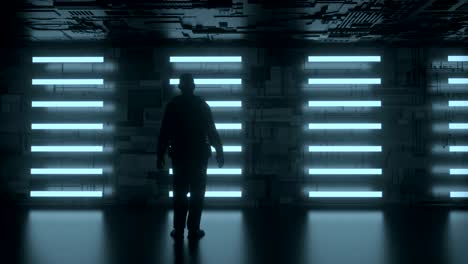 4k animation of man standing in front of a futuristic wall.