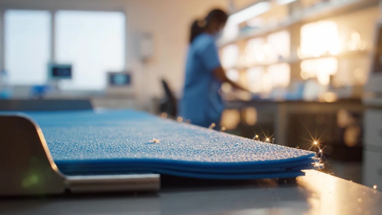 Close-Up of Textured Laboratory Surface with Soft Focus on Scientist Working in Background, Showcasing Clean Environment and Medical Equipment Setup