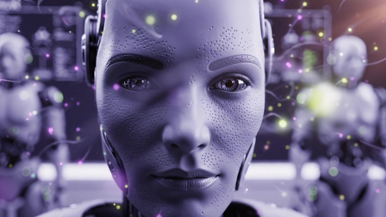 Primo piano di un robot umanoide futuristico con un viso liscio e texturizzato e occhi espressivi, sullo sfondo di tecnologia avanzata e interfacce di intelligenza artificiale.