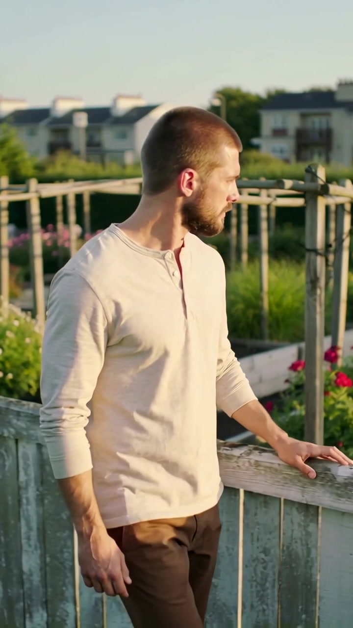 Vídeo vertical: Homem adulto chegando vestindo uma camisa henley, examinando o corrimão do jardim, inspecionando os vasos.