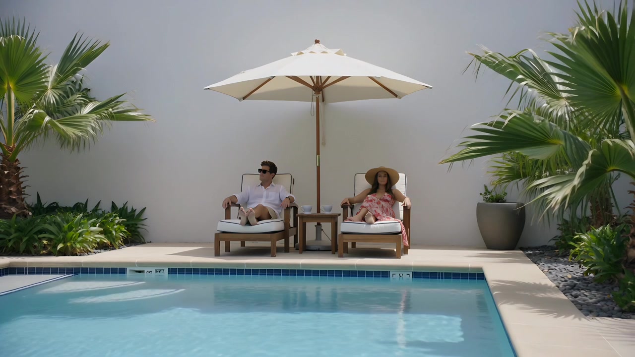 Opening wide shot capturing couple relaxing on lounge chairs at pool, wearing shades and sun hat