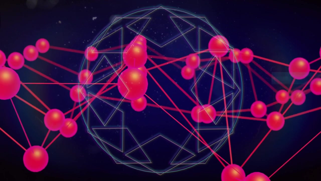 data analyst navigating technology network, with glowing pink nodes and red neon lines