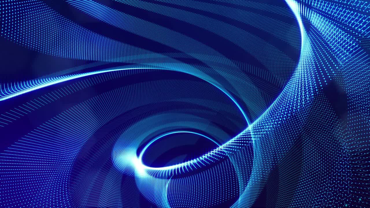 blue high tech bg with glow particles form complex spiral structure. 3d looped sci-fi bg digital space, particles form lines and surface waves. Concept of hi-tech information flow, blockchain. DOF