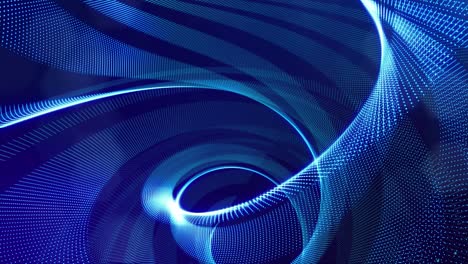 blue high tech bg with glow particles form complex spiral structure. 3d looped sci-fi bg digital space, particles form lines and surface waves. concept of hi-tech information flow, blockchain. dof