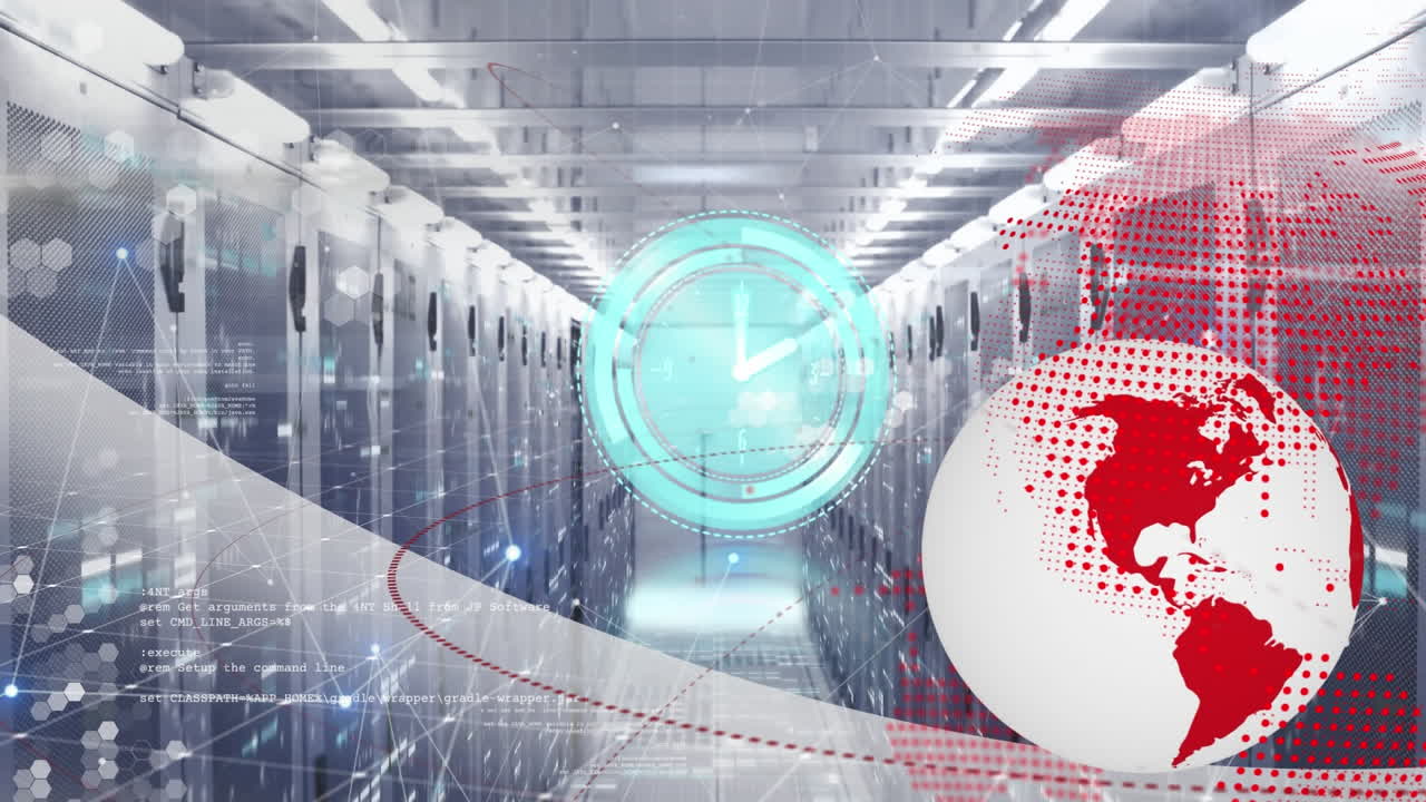 지구의 애니메이션, 빠르게 움직이는 시계 및 컴퓨터 서버를 통한 데이터 처리