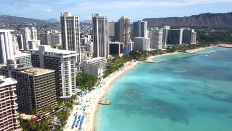 aerial view of waikiki beach, honolulu, tilt up reveal