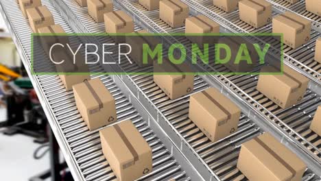 Cyber-monday-text-banner-over-multiple-delivery-boxes-on-conveyer-belt-against-factory