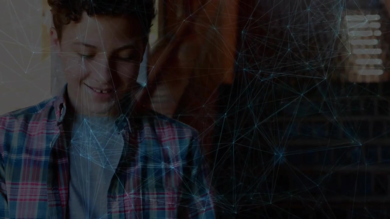 Child tapping tablet navigating tech content with blue mesh overlay, smiling, achieving goal