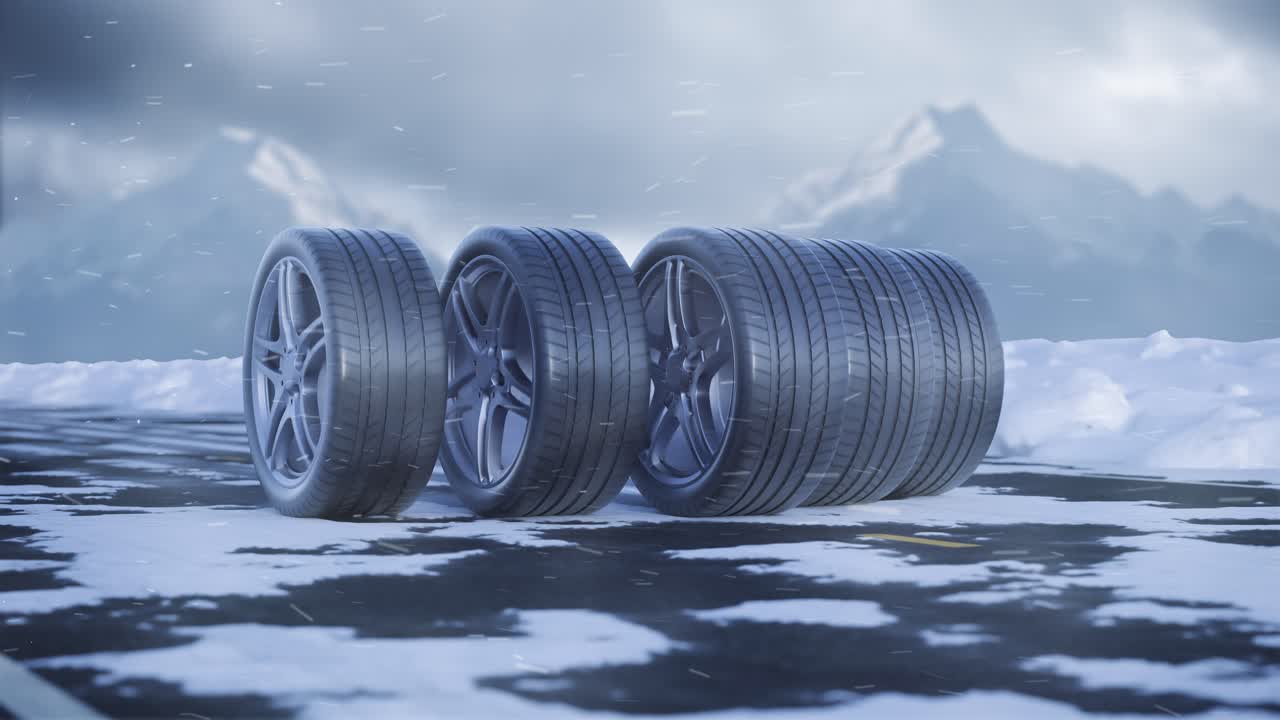 Loops car tires roll on a snowy road under the falling snow