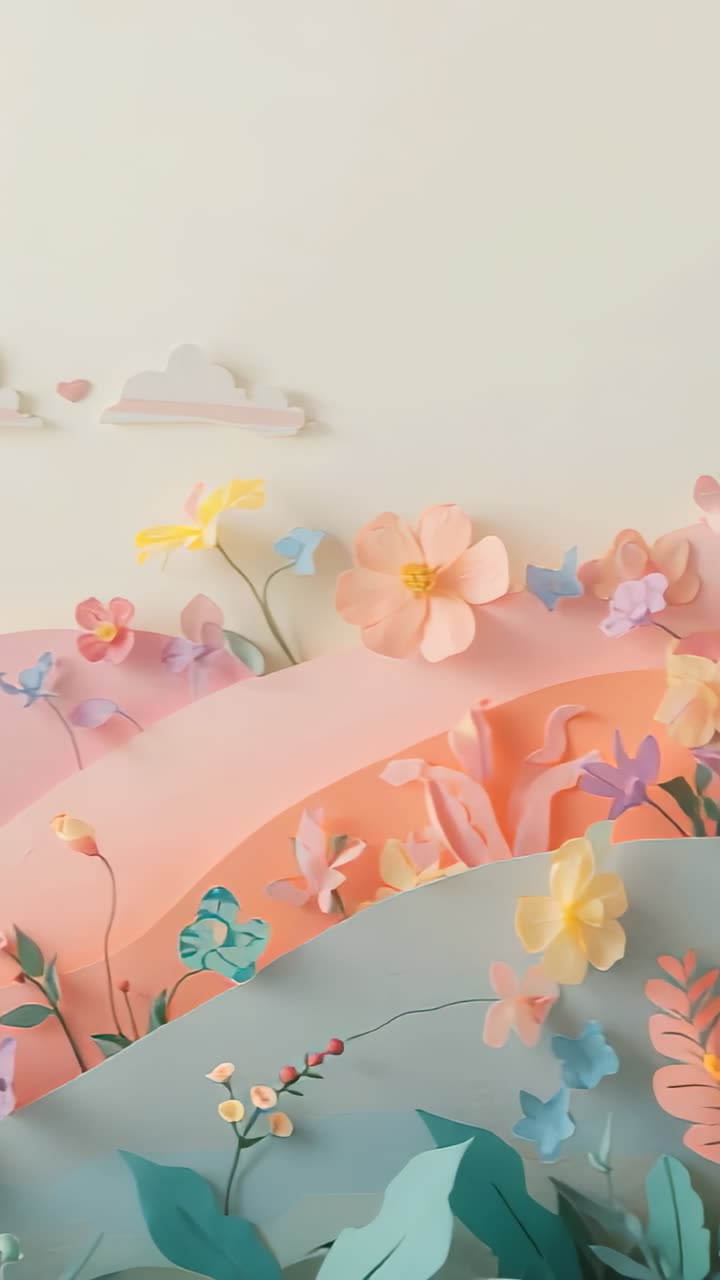 Vertical video: Moving camera revealing paper hills and flowers in studio, showing handmade detail