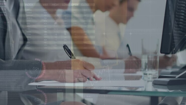 Animation of financial data processing over diverse business people working at office