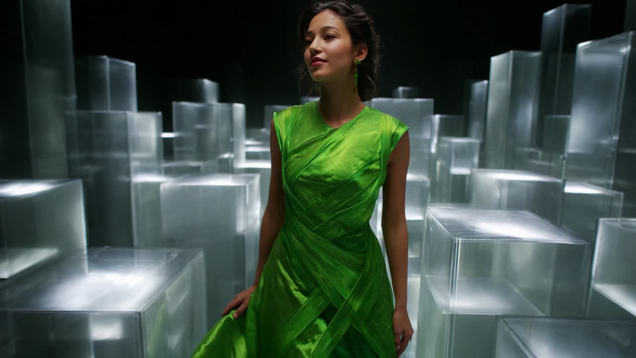 A Visually Captivating Scene Showcasing a Woman in a Flowing Green Dress Amidst a Dreamlike Landscape of Transparent Cubes, Creating an Ethereal Atmosphere That Highlights Fashion and Modern Design