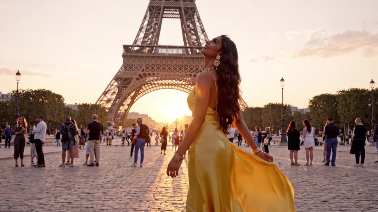 A Stunning Figure in a Flowing Yellow Dress Walks Gracefully Beneath the Towering Eiffel Tower at Sunset, Capturing a Moment of Beauty Amidst a Bustling Crowd