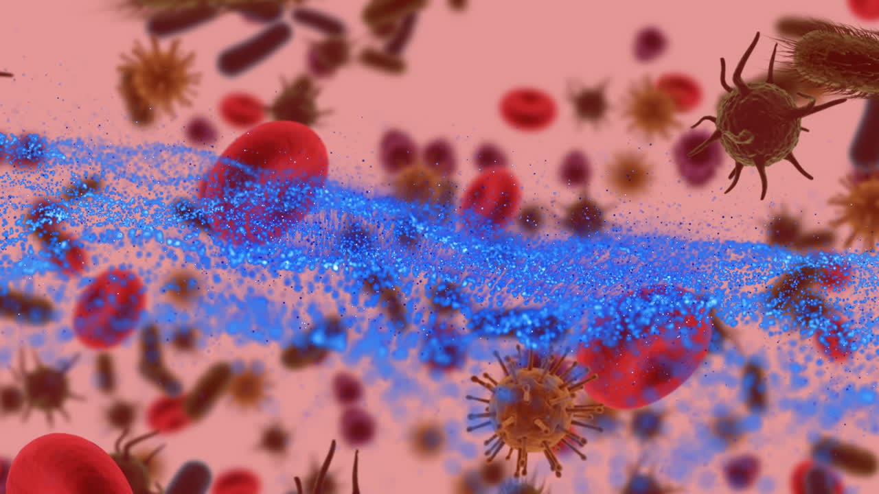 Animation of blue wave on moving cells over red background