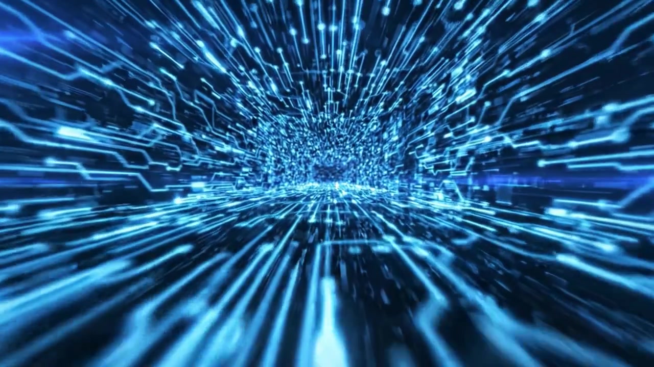 Flussi dinamici e futuristici di luce blu elettrico che rappresentano il flusso di dati e la connettività ad alta velocità in un universo digitale ipotetico