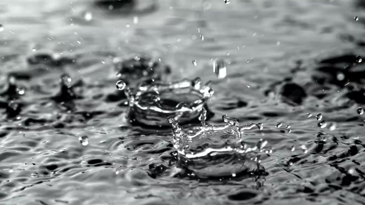 In Zeitlupe aufspritzende Regentropfen auf einer dunklen Wasseroberfläche