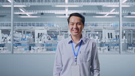 Shot Captures Of An Asian Male Professional Worker Standing At Factory Digitalization, His Broad Smile At The Camera