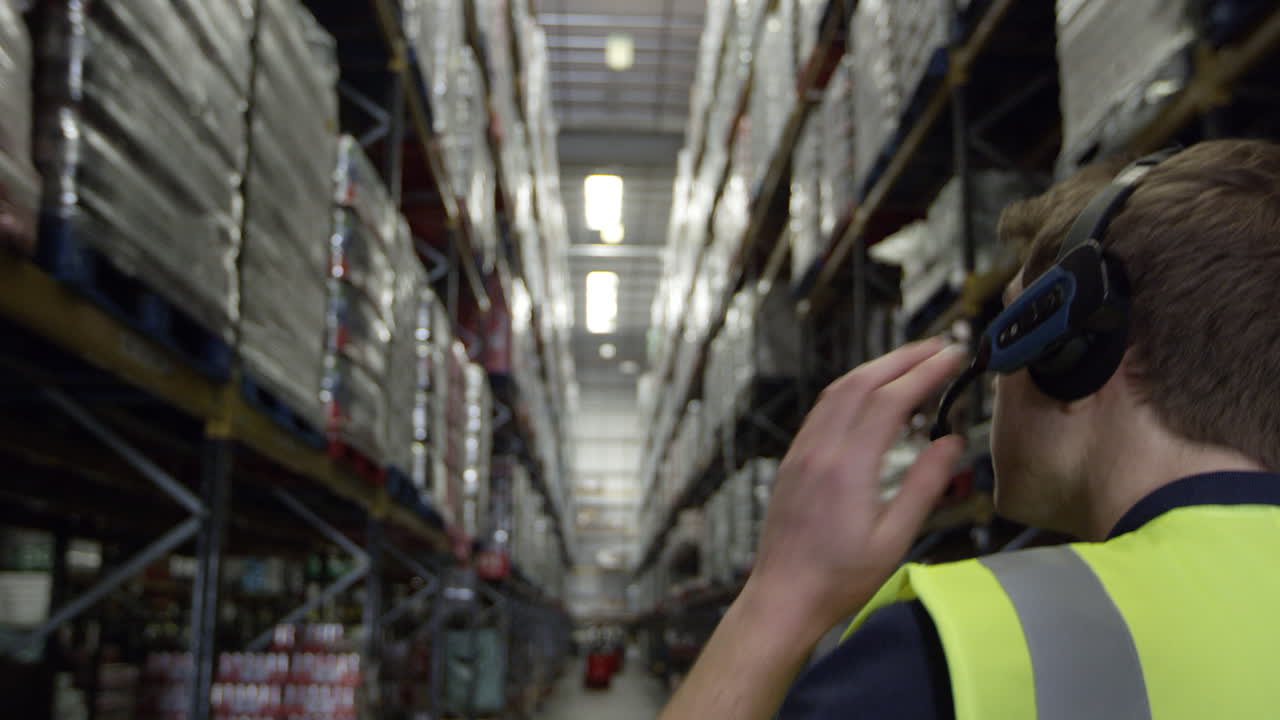 Camera follows man locating stock in warehouse, shot on R3D