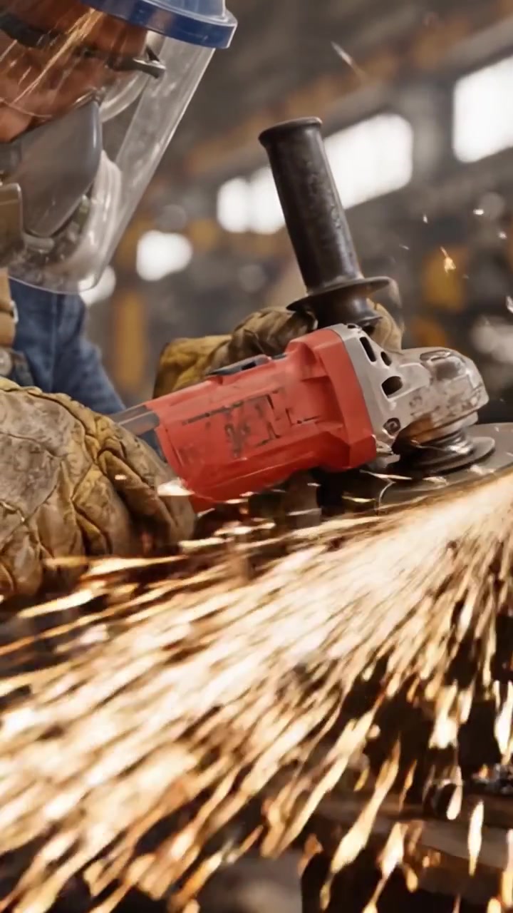 Um Trabalhador Industrial Usa Habilidosamente uma Ferramenta Elétrica para Lixar Metal, Criando Faíscas e Demonstrando Precisão e Segurança em Ambiente de Fabricação