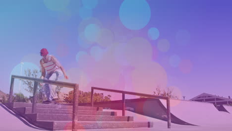 animation of colourful spots over caucasian man skateboarding