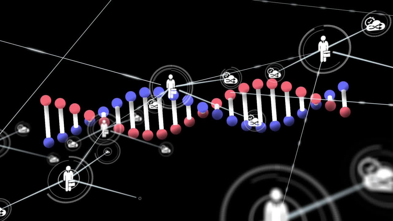 검은 바탕에 회전하는 dna 가닥 위에 아이콘을 가진 연결 네트워크의 애니메이션