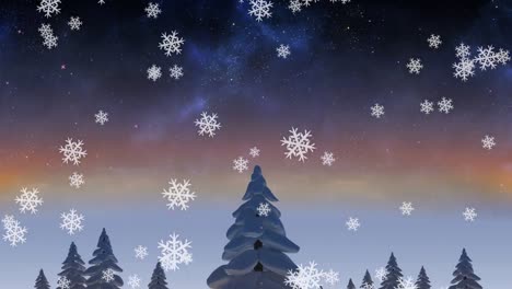 Animation-of-snowflakes-falling-over-winter-landscape-with-tall-trees