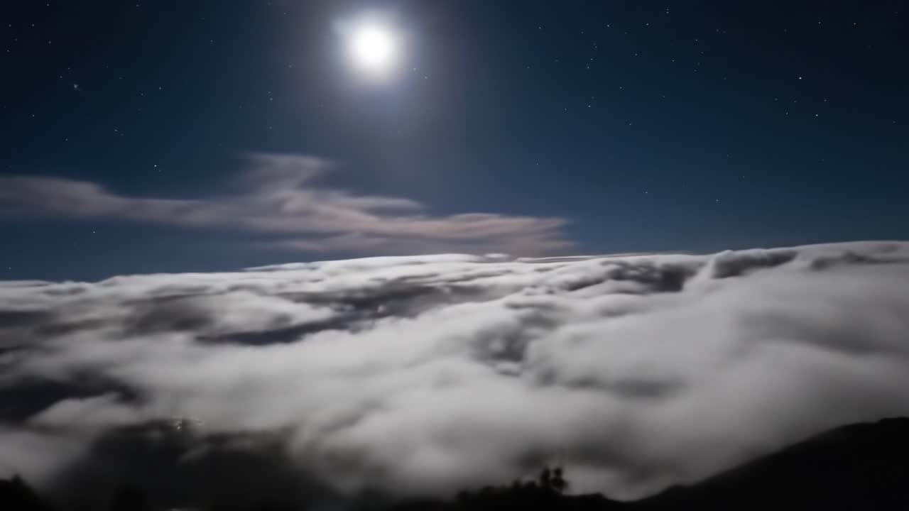 Fredfull nattehimmel over fjell: Et fengslende skue av måneskinn og skyer som lyser opp det fortryllende dalføret i skumringen