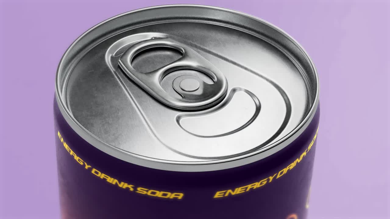 Mockup 3D de lata de bebida energética giratoria sobre fondo morado