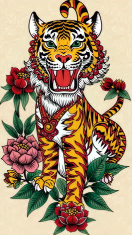vibrant traditional tattoo style tiger with flowers