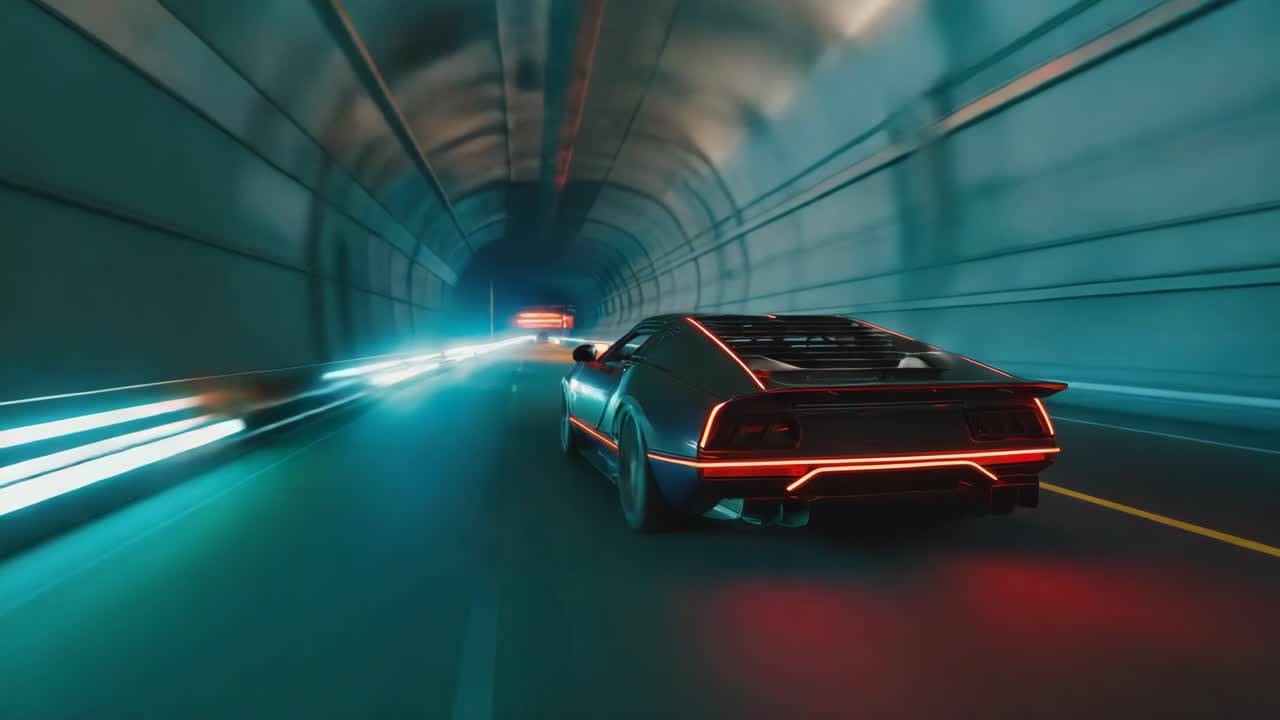 Auto Futuristica che Guida Attraverso un Tunnel Illuminato al Neon con Sfocatura di Movimento