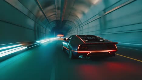 futuristic car driving through a neon-lit tunnel with motion blur