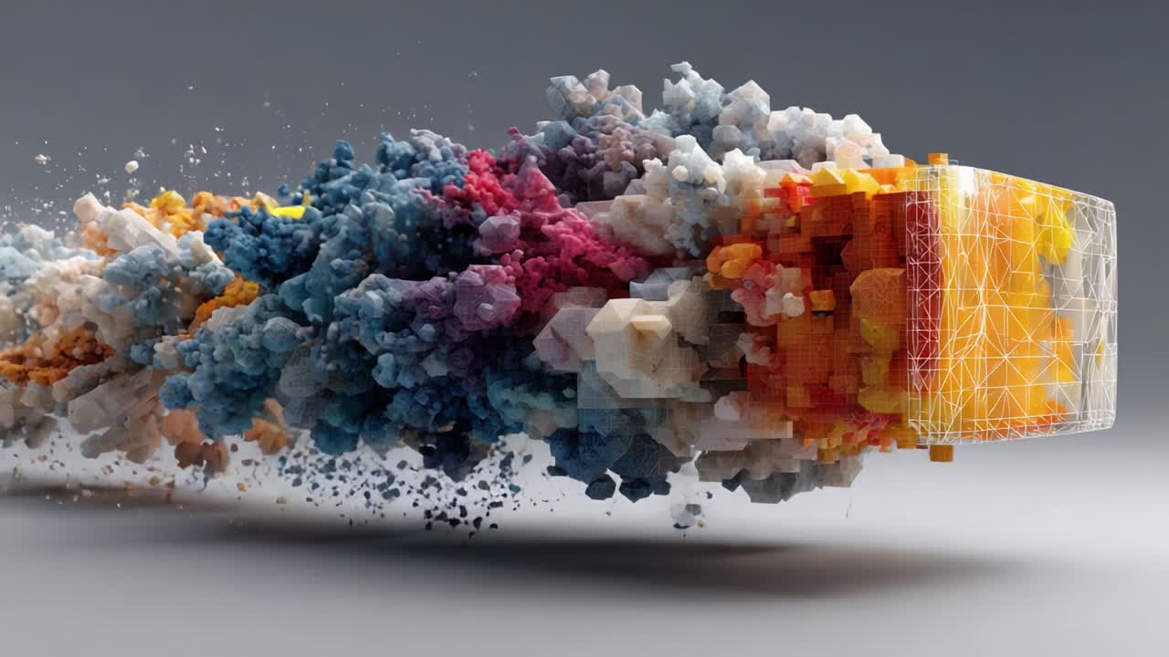 Dynamic Colorful Explosion: A Stunning Visual Representation of Abstract Geometric Shapes and Textures Interacting in Vibrant Hues and Volumes to Create an Innovative Artistic Expression