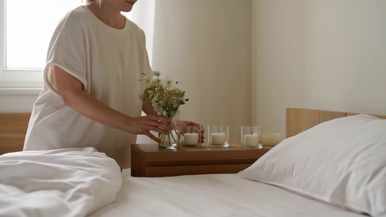 Adult woman stands beside a bed and arranges a small bouquet in a glass vase in a softly lit bedroom with warm neutral tones, white bedding, candles, and daylight from a bright window