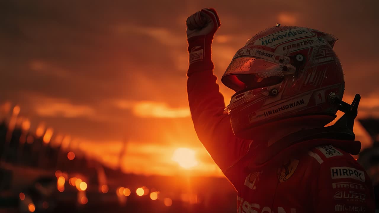 Celebrazione della Vittoria: Un Pilota di Auto da Corsa Esulta Agitando il Pugno Contro uno Splendido Sfondo al Tramonto in un Momento di Gloria e Successo