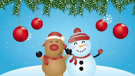 feliz animación de navidad con ciervos y muñecos de nieve en el paisaje de nieve