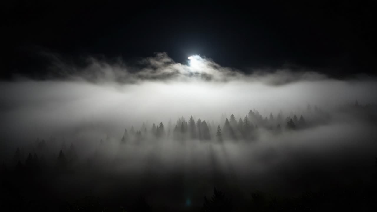 A Mysterious Night in the Forest: Eerie Fog Swirls Among Shadowy Trees Beneath the Enigmatic Moonlight, Creating an Atmosphere of Intriguing Beauty and Silence