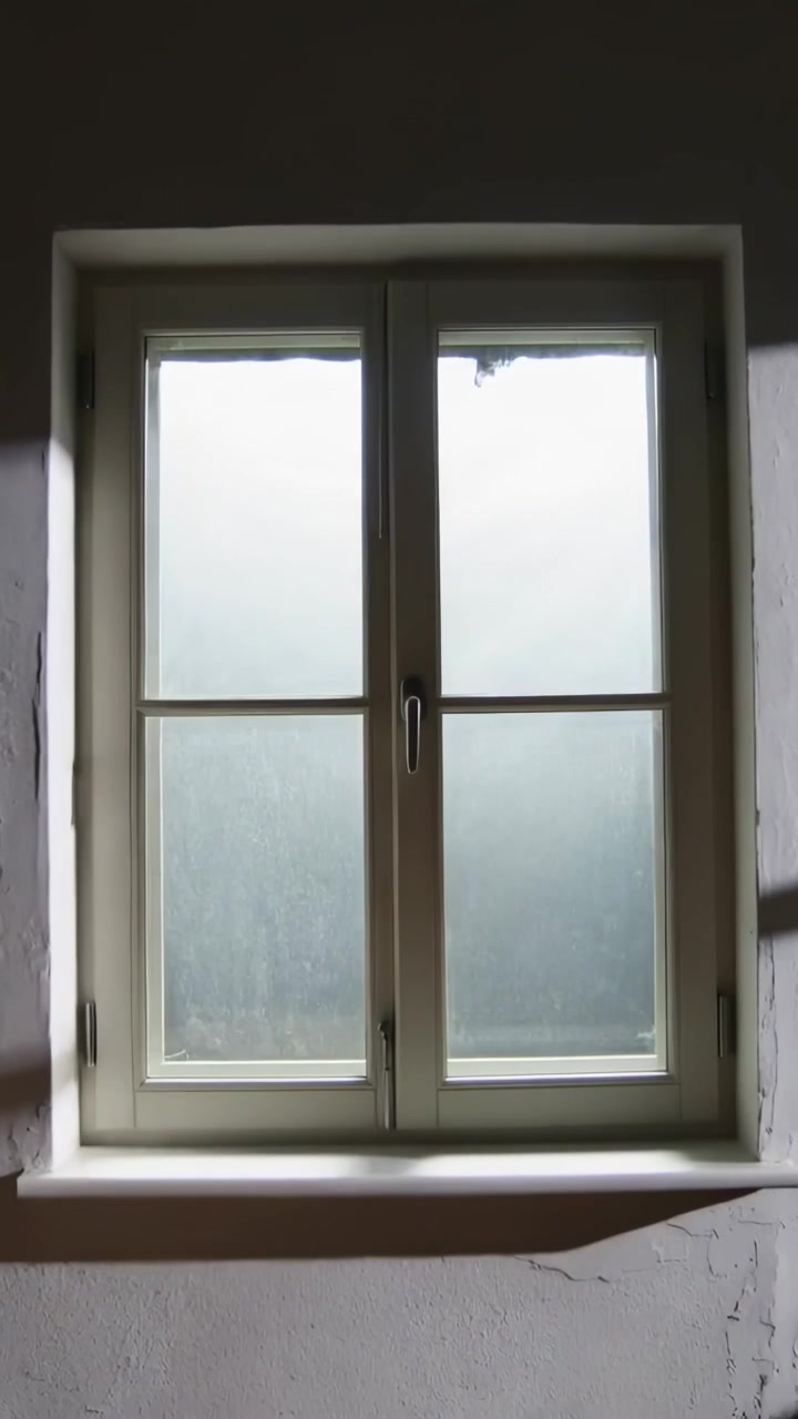 Vertikal video: Bevægende gardin bag et matteret vindue i et rum, mens skiftende lys viser folder.