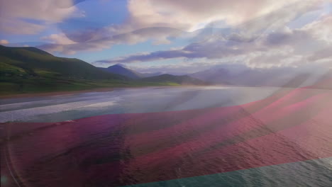 animation of flag of russia blowing over waves in sea