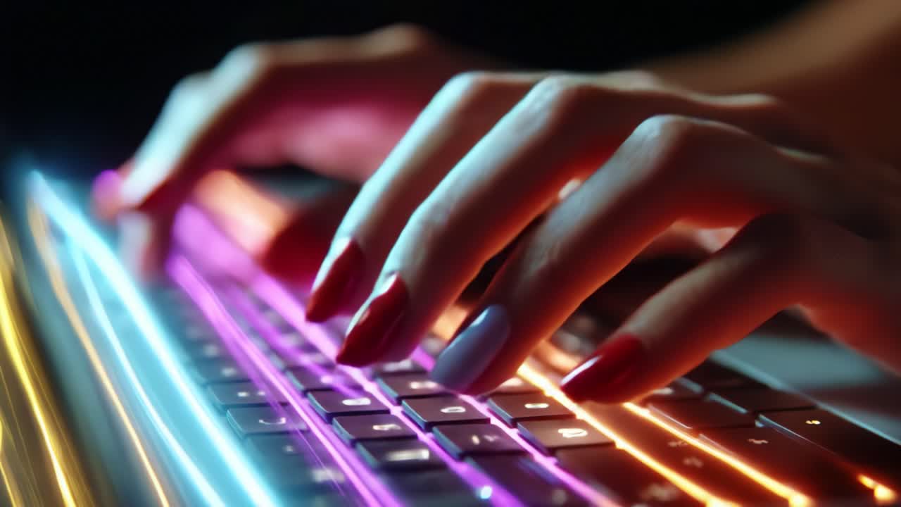 A Close-Up Look at Stylishly Painted Fingers Dancing Over a Colorful Backlit Keyboard, Capturing the Dynamic Energy of Digital Interaction in a High-Tech Environment