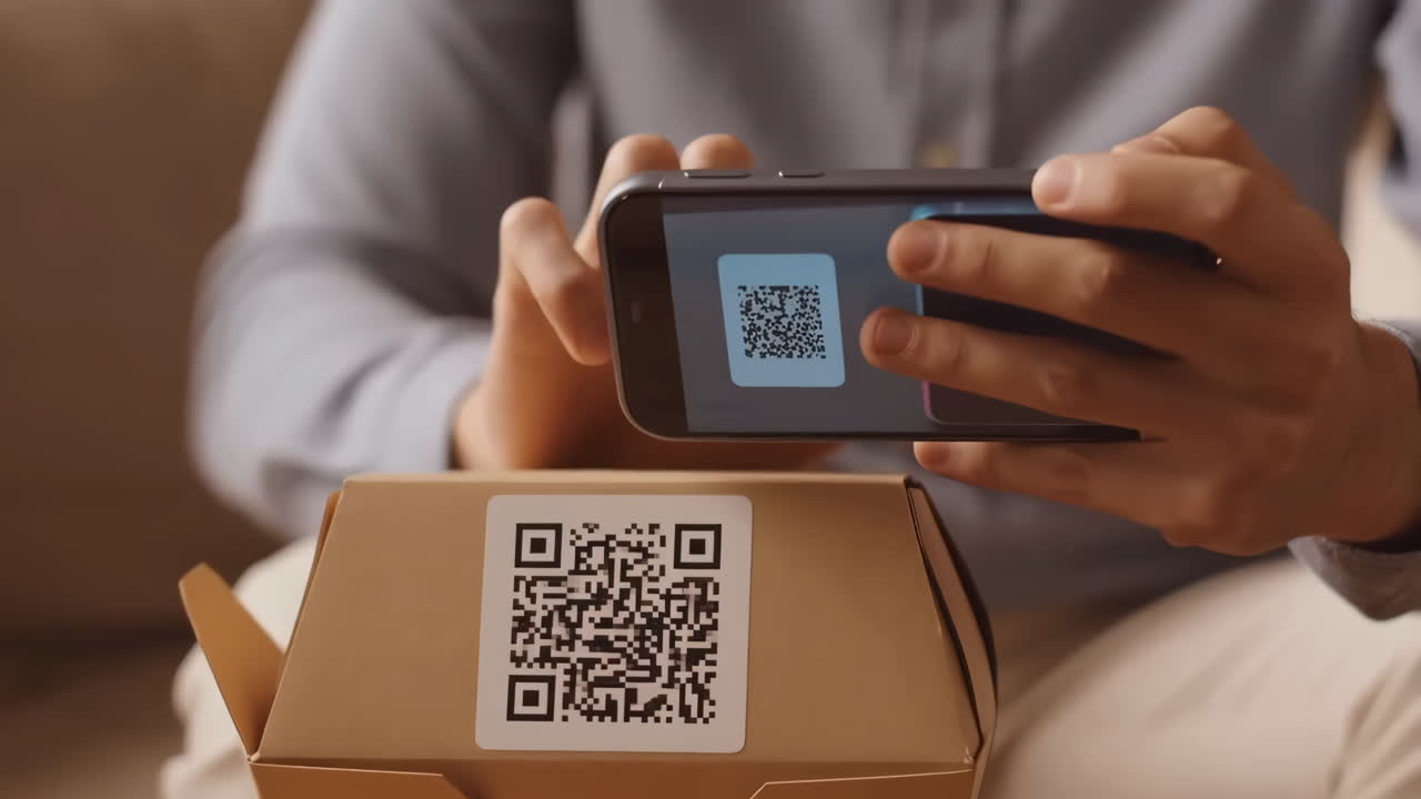 Person scanning QR code on a package with a smartphone