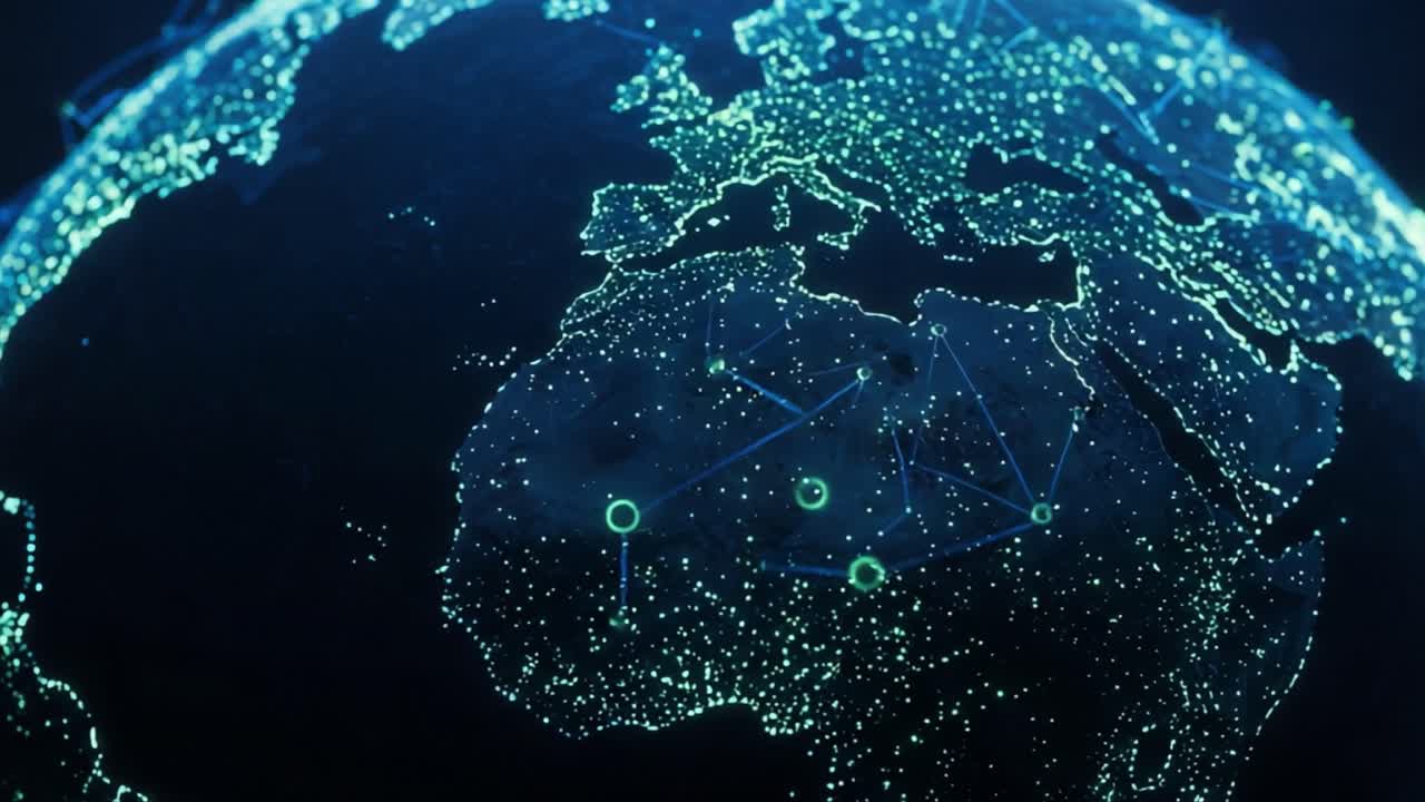 A Stunning Visualization of Earth from Space: Illuminated Continental Features and Data Connections Powered by Digital Technology Processing Global Information