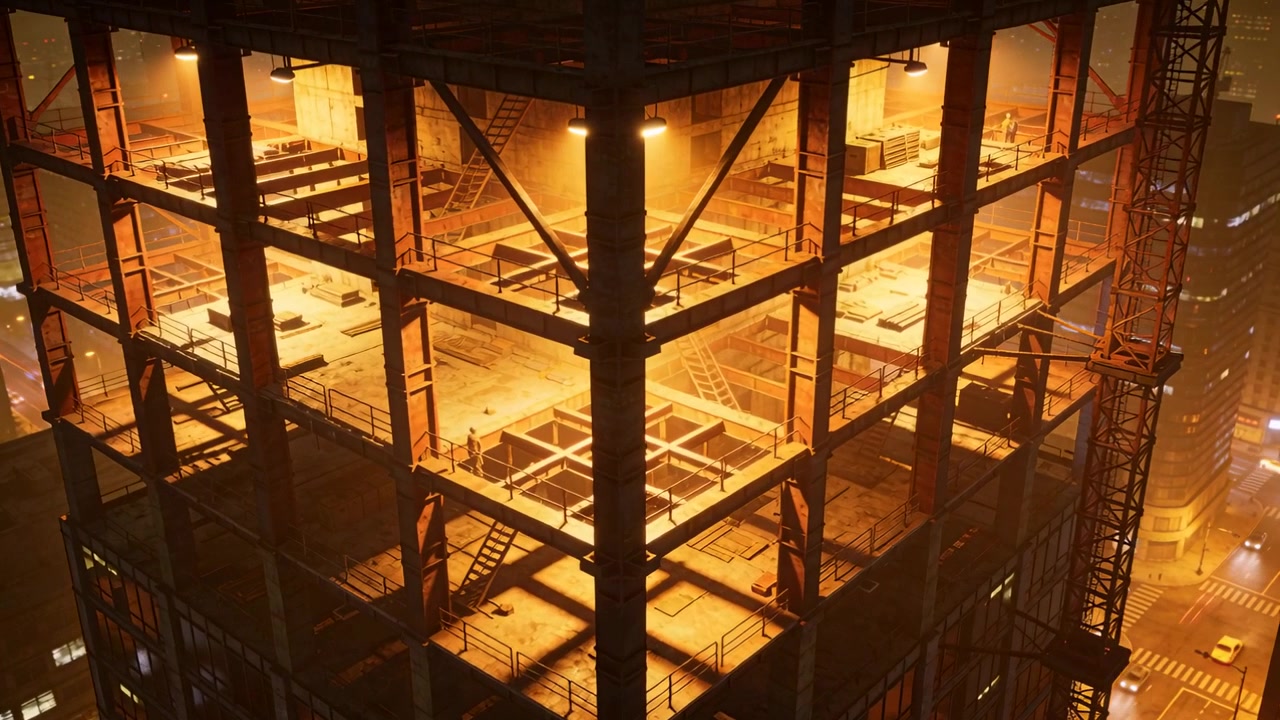 Panning camera revealing steel-frame highrise at night, exposing crane, stairs and amber lights