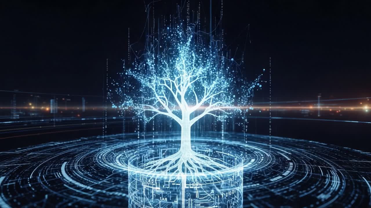 A Stunning Visualization of a Digital Tree Representing Data Growth and Networking in a High-Tech Environment, Merging Nature with Advanced Technology Innovations
