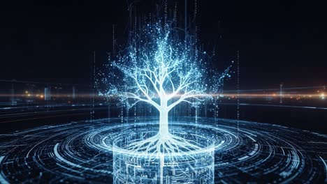 a stunning visualization of a digital tree representing data growth and networking in a high-tech environment, merging nature with advanced technology innovations